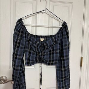 Forever 21 Blue and Black Crop Blouse with Tie Front